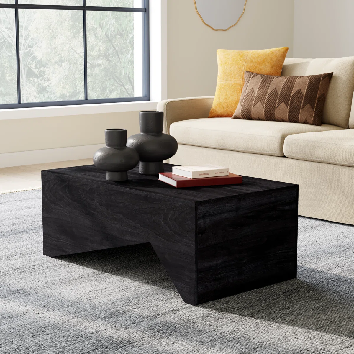 Modern sculptural acacia wood coffee table with abstract angled base and rectangular top, 99 cm wide