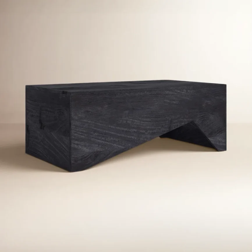 Modern sculptural acacia wood coffee table with abstract angled base and rectangular top, 99 cm wide