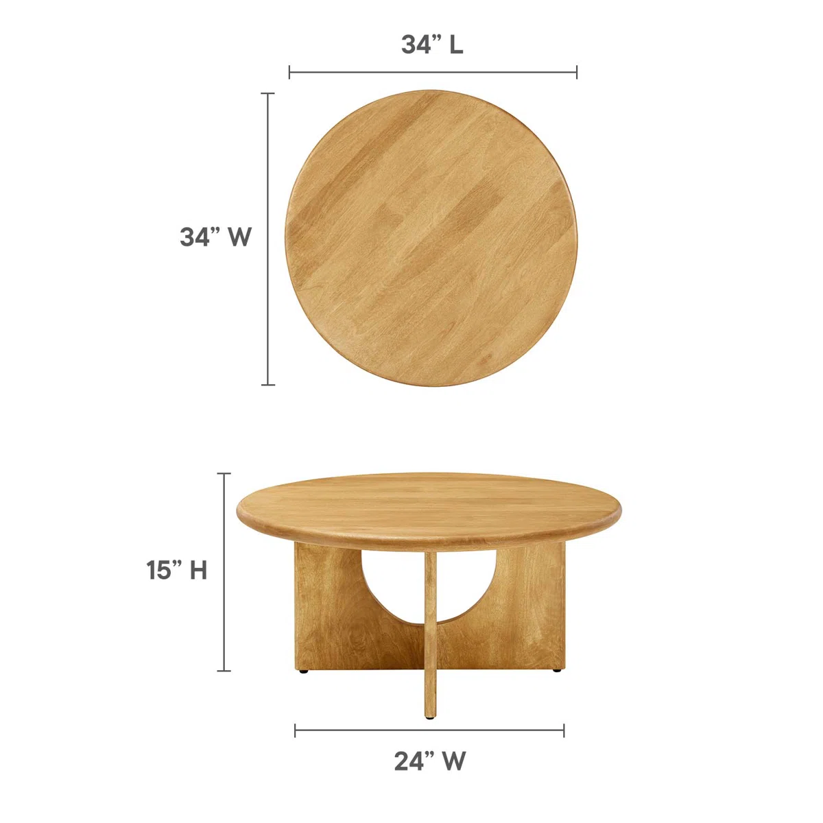 Round solid mango wood coffee table with sculptural pedestal base featuring intersecting arched cutouts