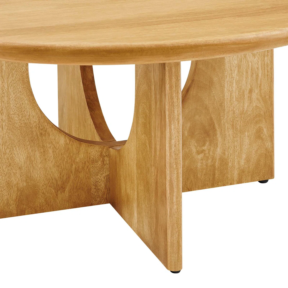 Round solid mango wood coffee table with sculptural pedestal base featuring intersecting arched cutouts