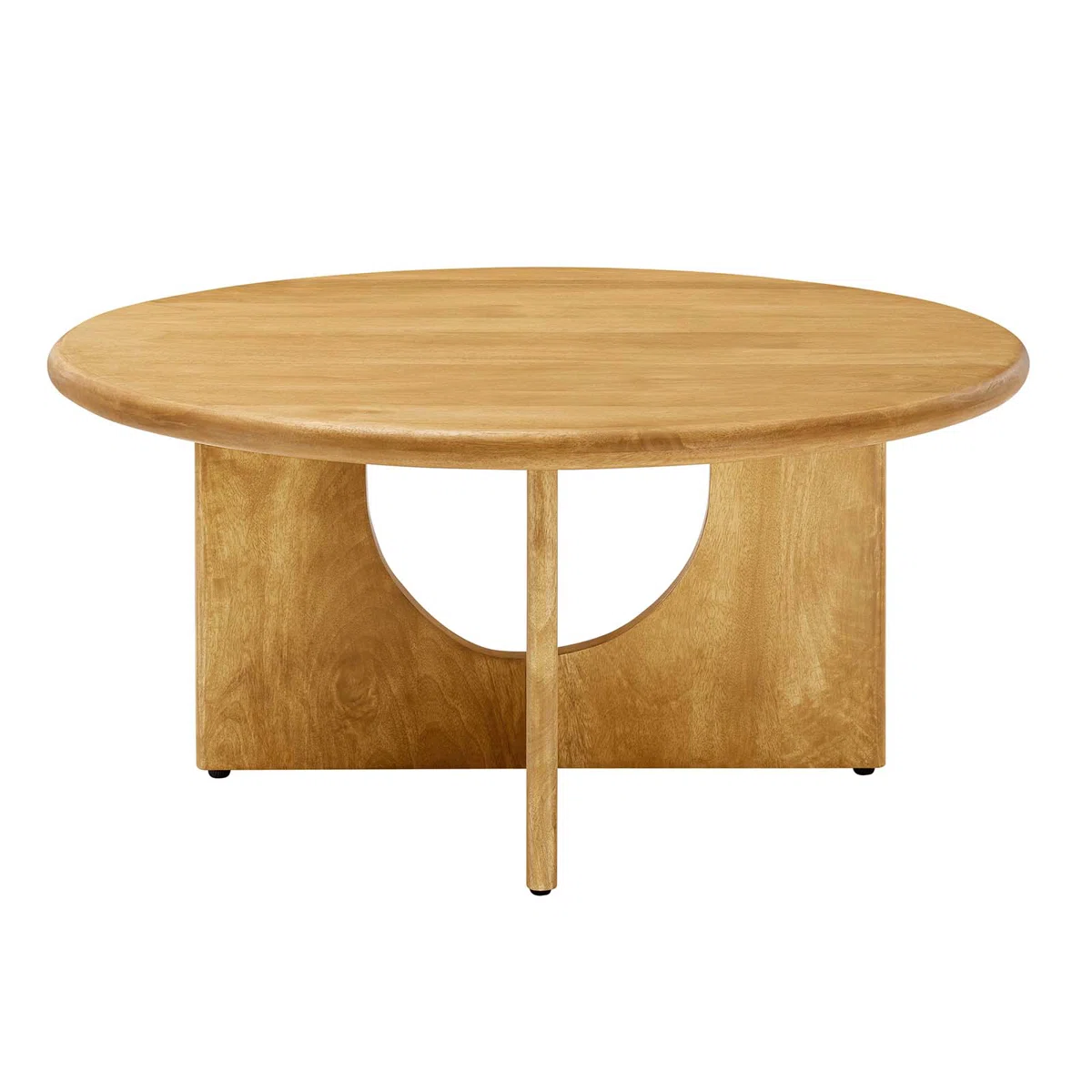 Round solid mango wood coffee table with sculptural pedestal base featuring intersecting arched cutouts