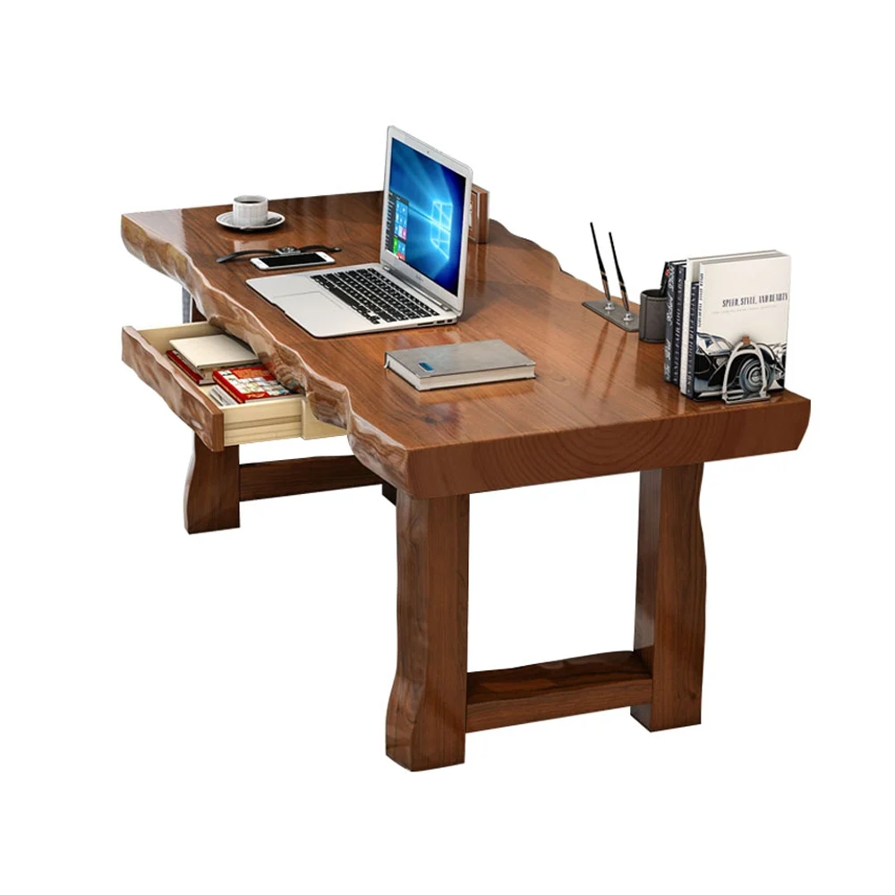 SIERRA rustic executive desk in natural pine wood, 180 cm wide, featuring wave-pattern desktop, solid wood legs, and one drawer for storage