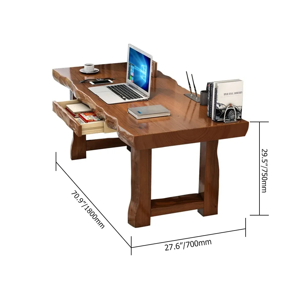 SIERRA rustic executive desk in natural pine wood, 180 cm wide, featuring wave-pattern desktop, solid wood legs, and one drawer for storage