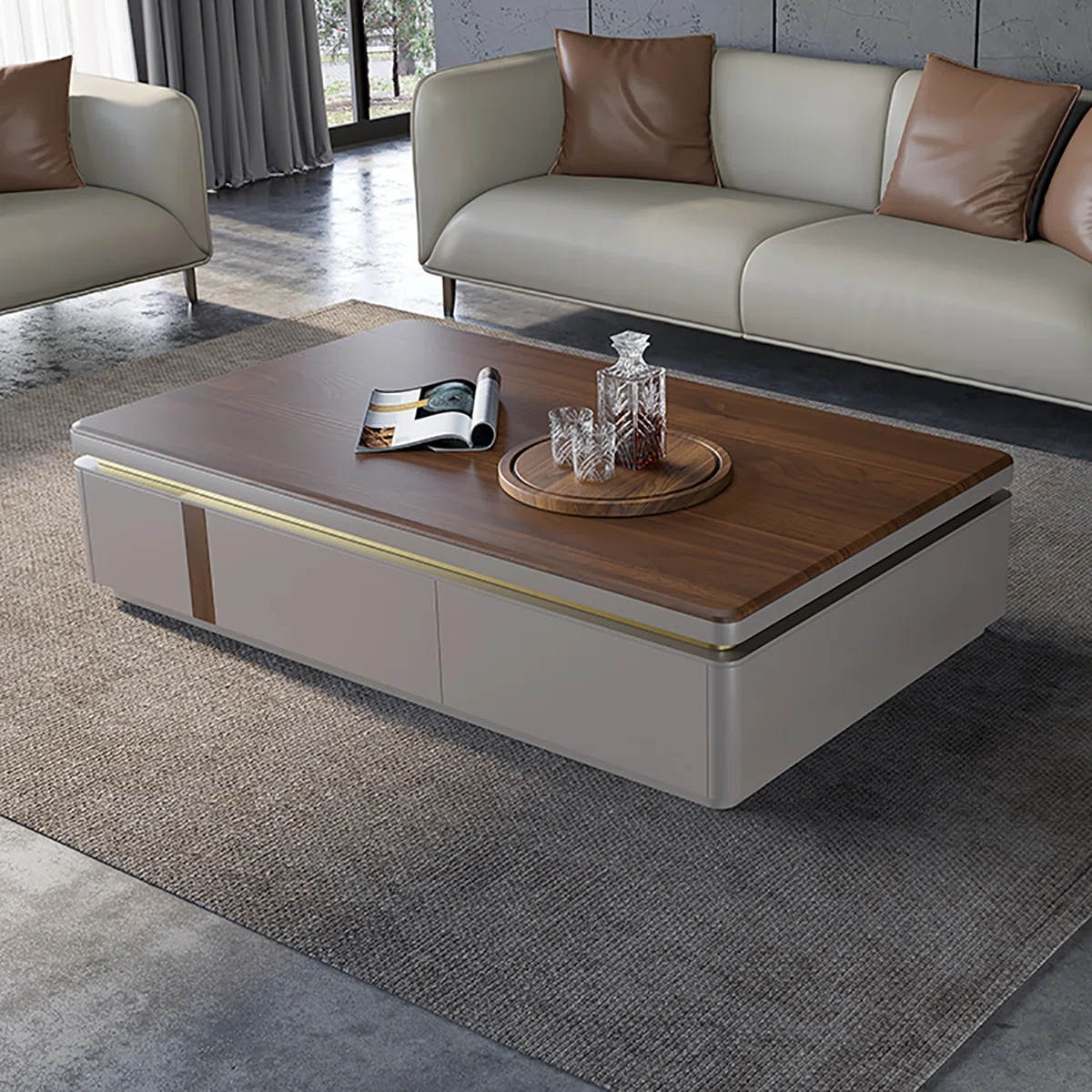 Rectangular walnut veneer coffee table with smooth arc edges, eco-friendly painted finish, stable base, and four pine drawers with silent metal glides.