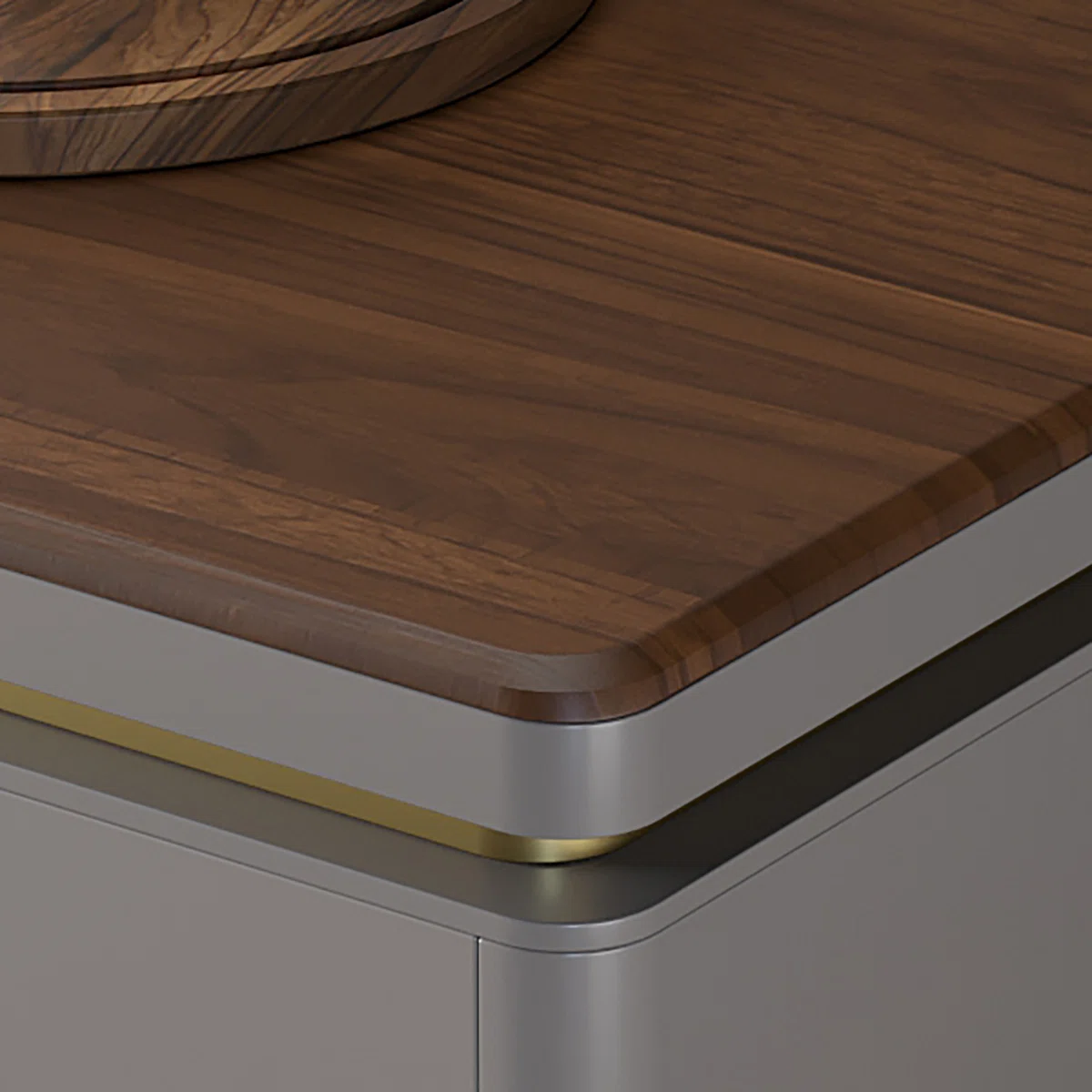 Rectangular walnut veneer coffee table with smooth arc edges, eco-friendly painted finish, stable base, and four pine drawers with silent metal glides.