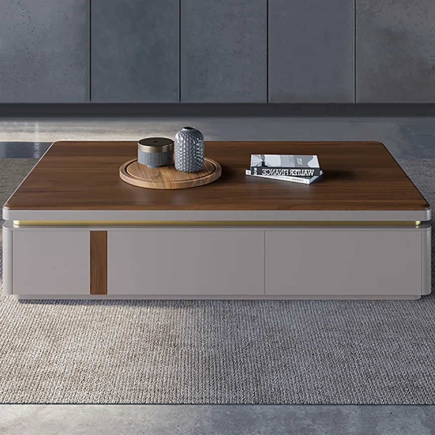 Rectangular walnut veneer coffee table with smooth arc edges, eco-friendly painted finish, stable base, and four pine drawers with silent metal glides.