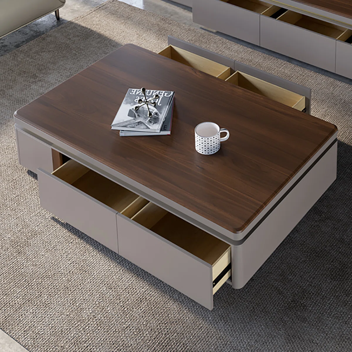 Rectangular walnut veneer coffee table with smooth arc edges, eco-friendly painted finish, stable base, and four pine drawers with silent metal glides.