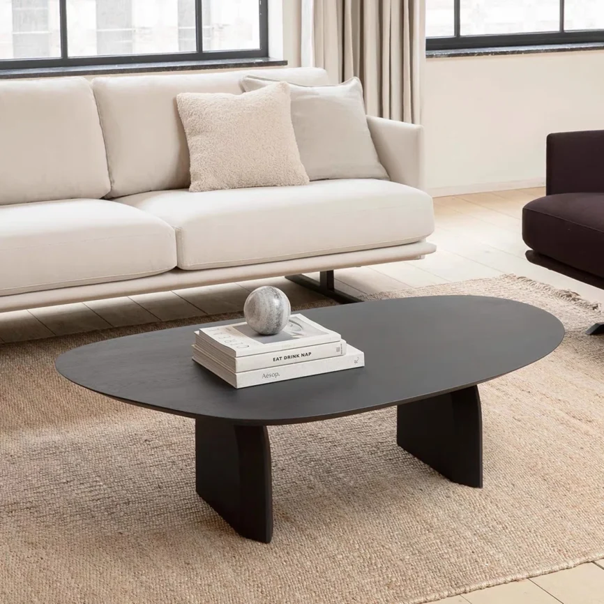 Solara Mid-Century Coffee Table with free-form ash veneer top and curved wooden legs, modern rustic design for living room