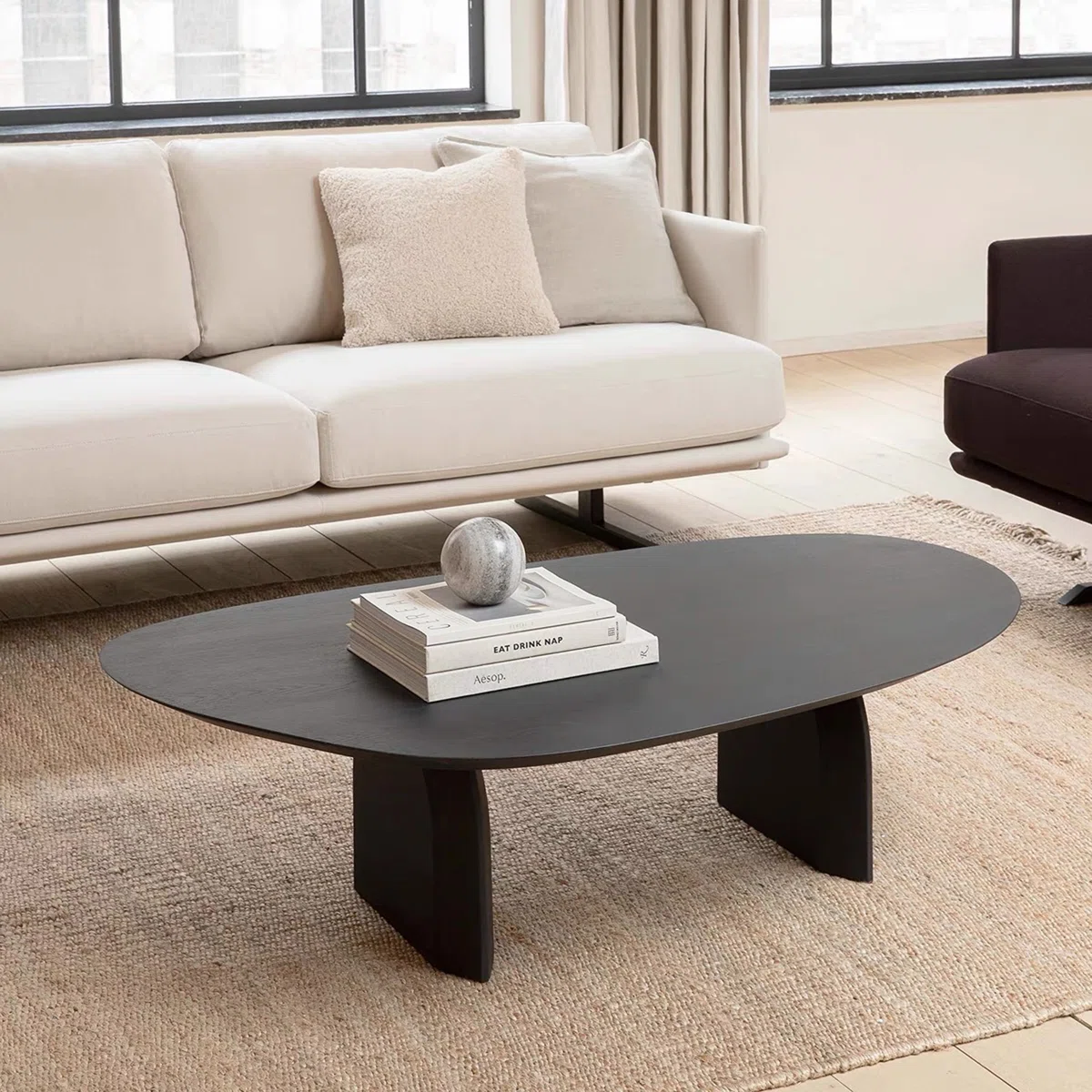 Solara Mid-Century Coffee Table with free-form ash veneer top and curved wooden legs, modern rustic design for living room