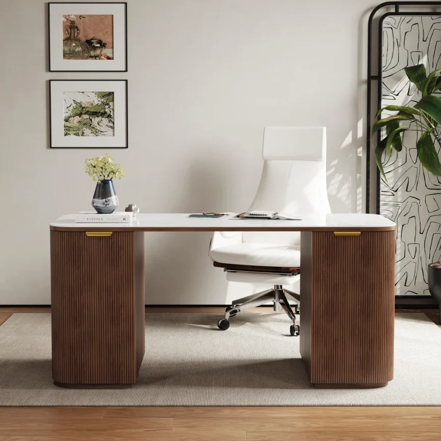 Mid-century modern walnut desk with sintered stone top, six drawers, two rear cabinets, and fluted ash wood base