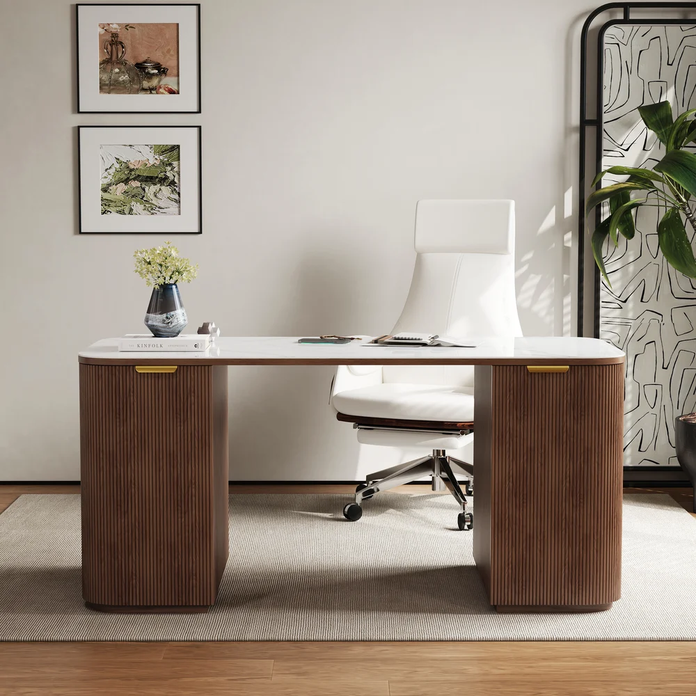 Mid-century modern walnut desk with sintered stone top, six drawers, two rear cabinets, and fluted ash wood base