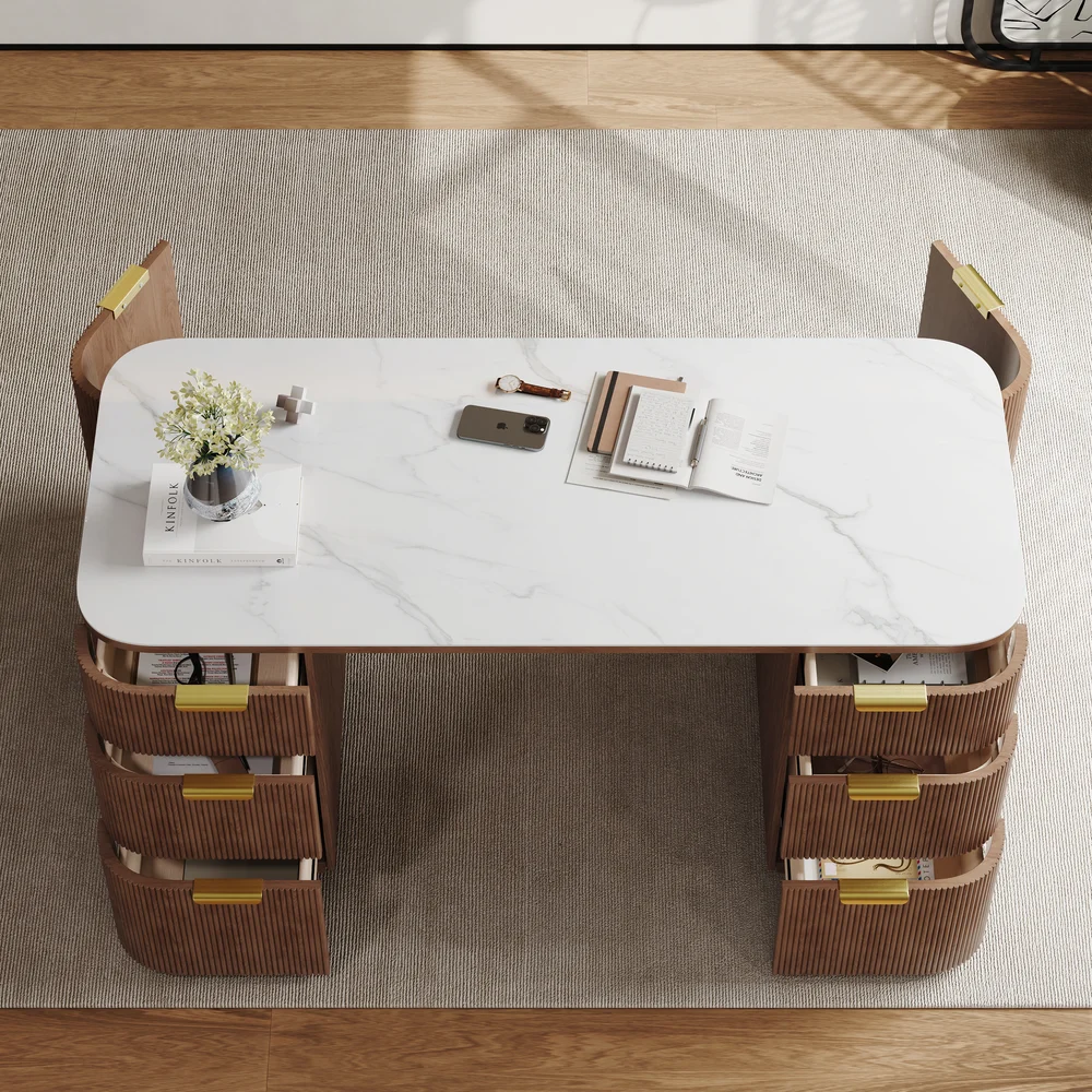 Mid-century modern walnut desk with sintered stone top, six drawers, two rear cabinets, and fluted ash wood base