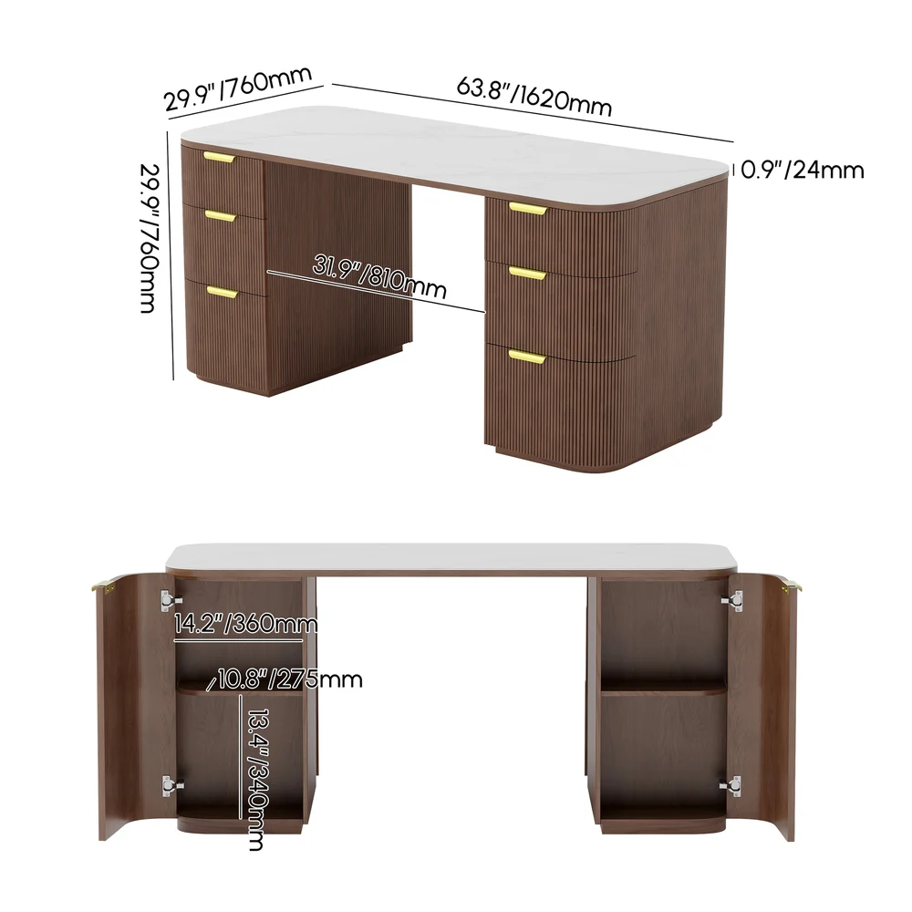 Mid-century modern walnut desk with sintered stone top, six drawers, two rear cabinets, and fluted ash wood base