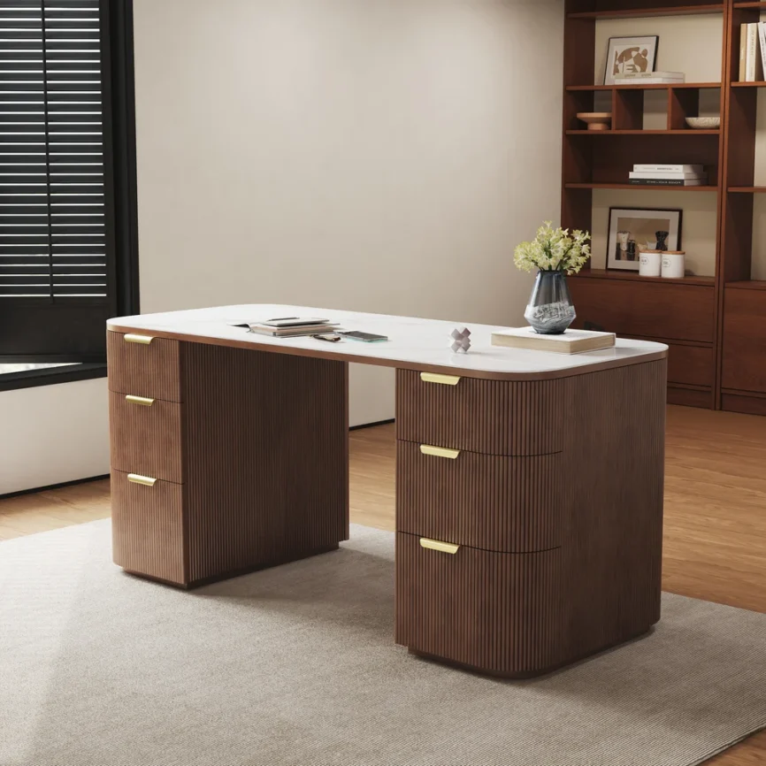 Mid-century modern walnut desk with sintered stone top, six drawers, two rear cabinets, and fluted ash wood base