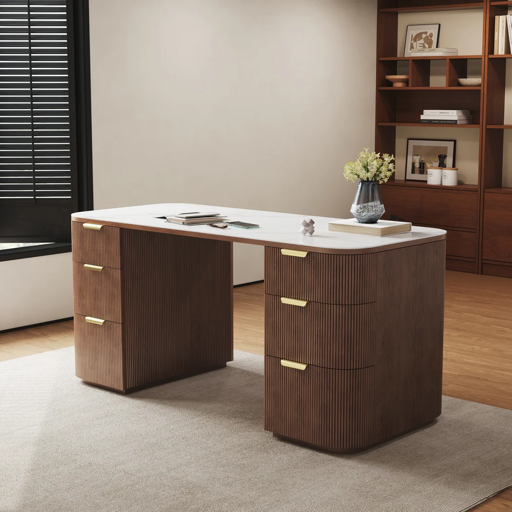 Mid-century modern walnut desk with sintered stone top, six drawers, two rear cabinets, and fluted ash wood base