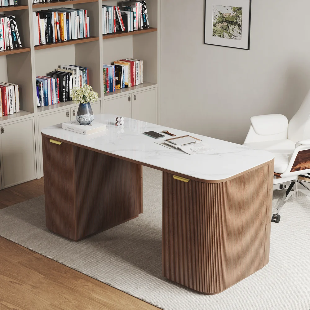 Mid-century modern walnut desk with sintered stone top, six drawers, two rear cabinets, and fluted ash wood base