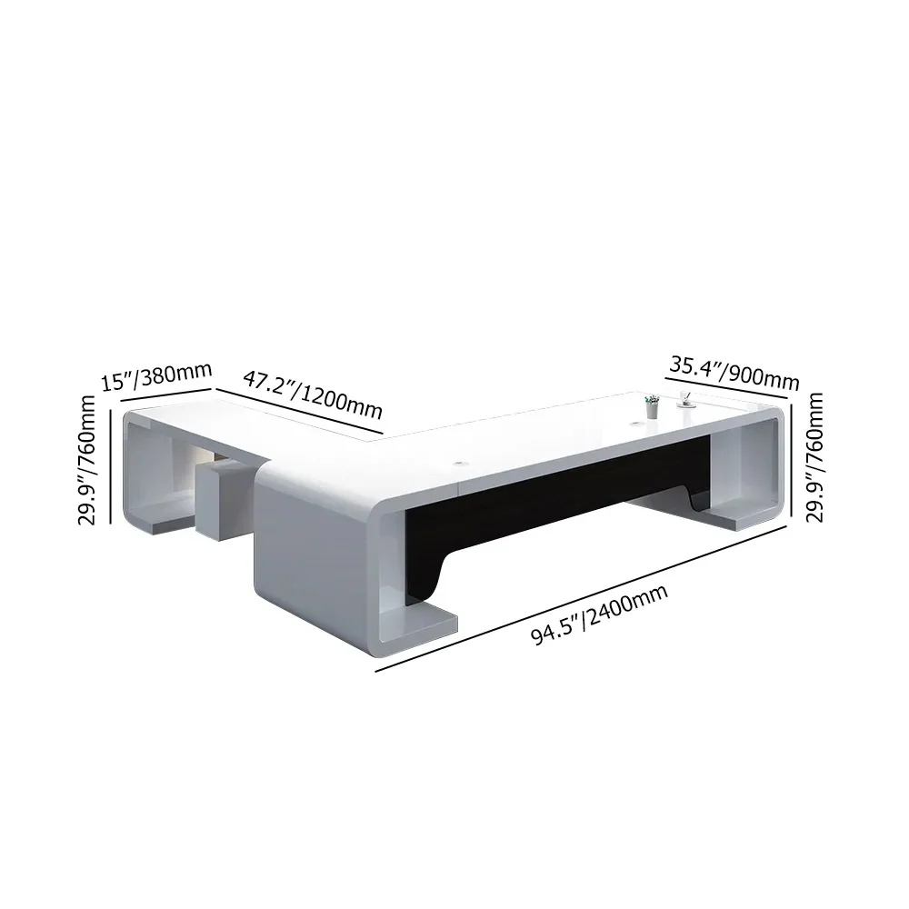 240cm L-shaped modern executive desk in white and black with rounded corners, silent-slide drawers, and spacious surface for monitors and office essentials.