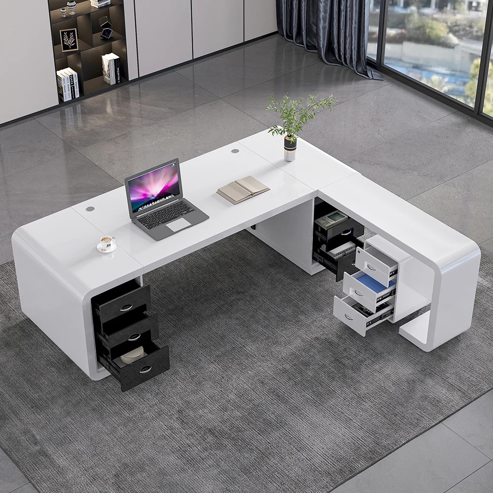 240cm L-shaped modern executive desk in white and black with rounded corners, silent-slide drawers, and spacious surface for monitors and office essentials.