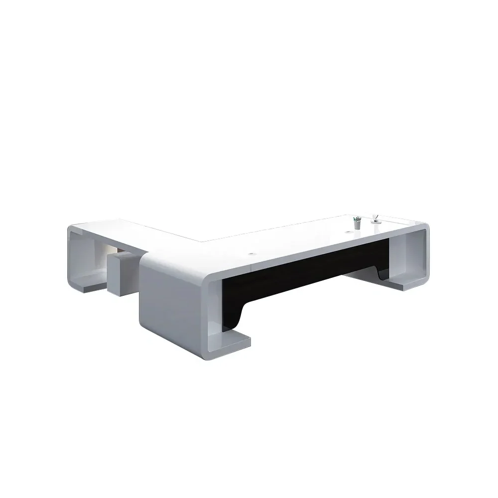 240cm L-shaped modern executive desk in white and black with rounded corners, silent-slide drawers, and spacious surface for monitors and office essentials.