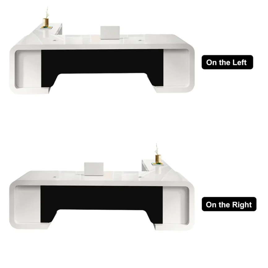 240cm L-shaped modern executive desk in white and black with rounded corners, silent-slide drawers, and spacious surface for monitors and office essentials.