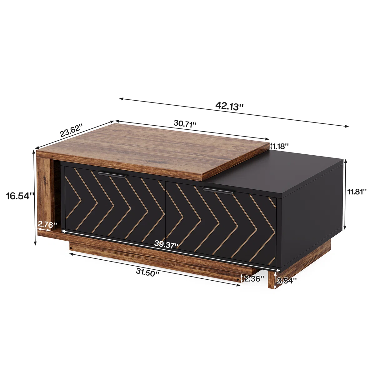 Rectangular dual‑tone walnut and oak coffee table with expandable design, two drawers featuring V‑shaped wood grain, brass pulls, and hidden open shelf.