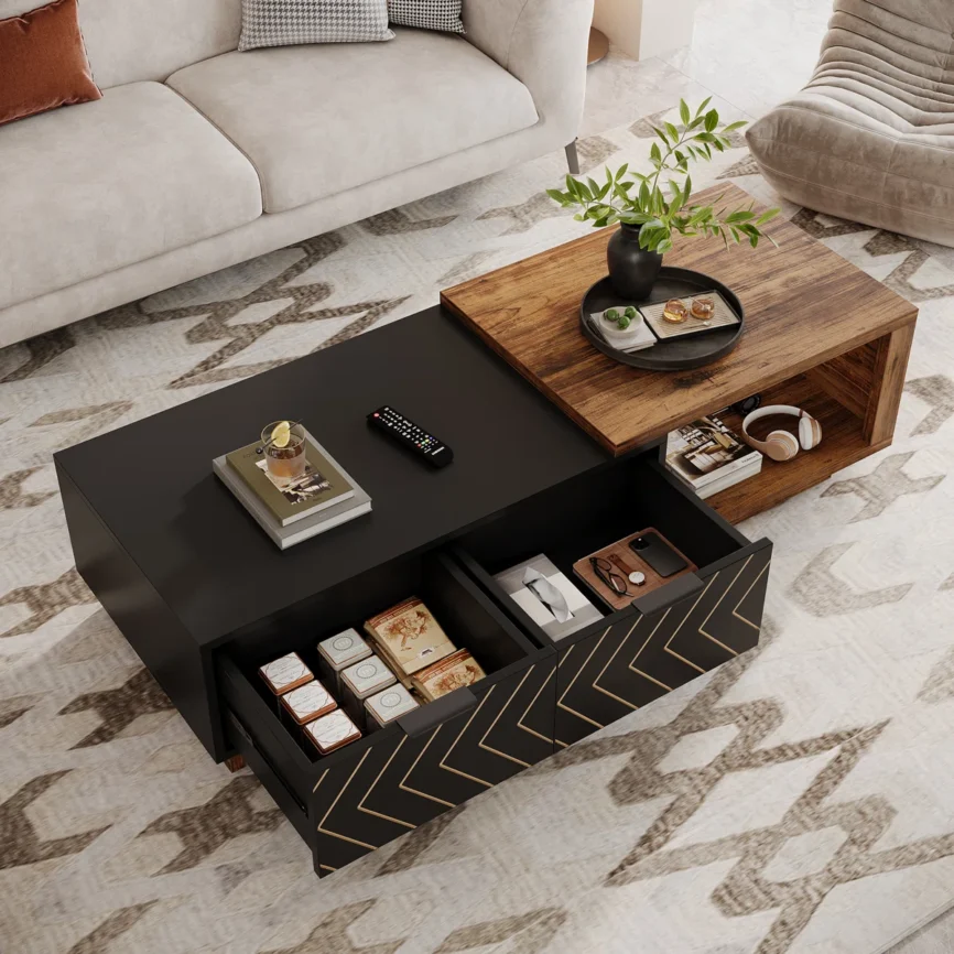 Rectangular dual‑tone walnut and oak coffee table with expandable design, two drawers featuring V‑shaped wood grain, brass pulls, and hidden open shelf.