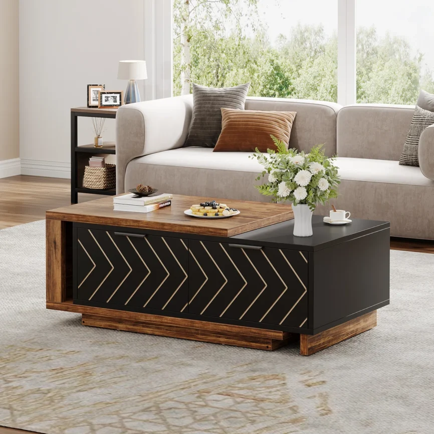 Rectangular dual‑tone walnut and oak coffee table with expandable design, two drawers featuring V‑shaped wood grain, brass pulls, and hidden open shelf.