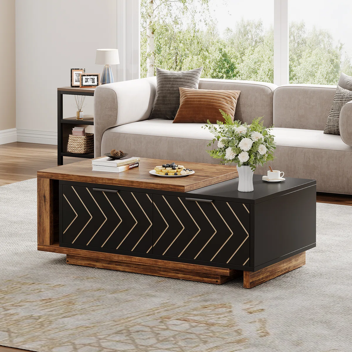 Rectangular dual‑tone walnut and oak coffee table with expandable design, two drawers featuring V‑shaped wood grain, brass pulls, and hidden open shelf.