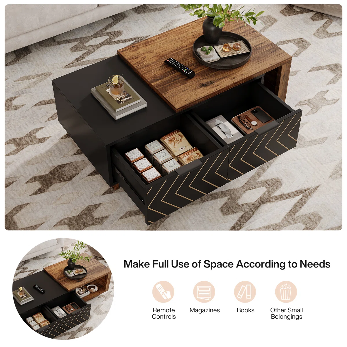 Rectangular dual‑tone walnut and oak coffee table with expandable design, two drawers featuring V‑shaped wood grain, brass pulls, and hidden open shelf.