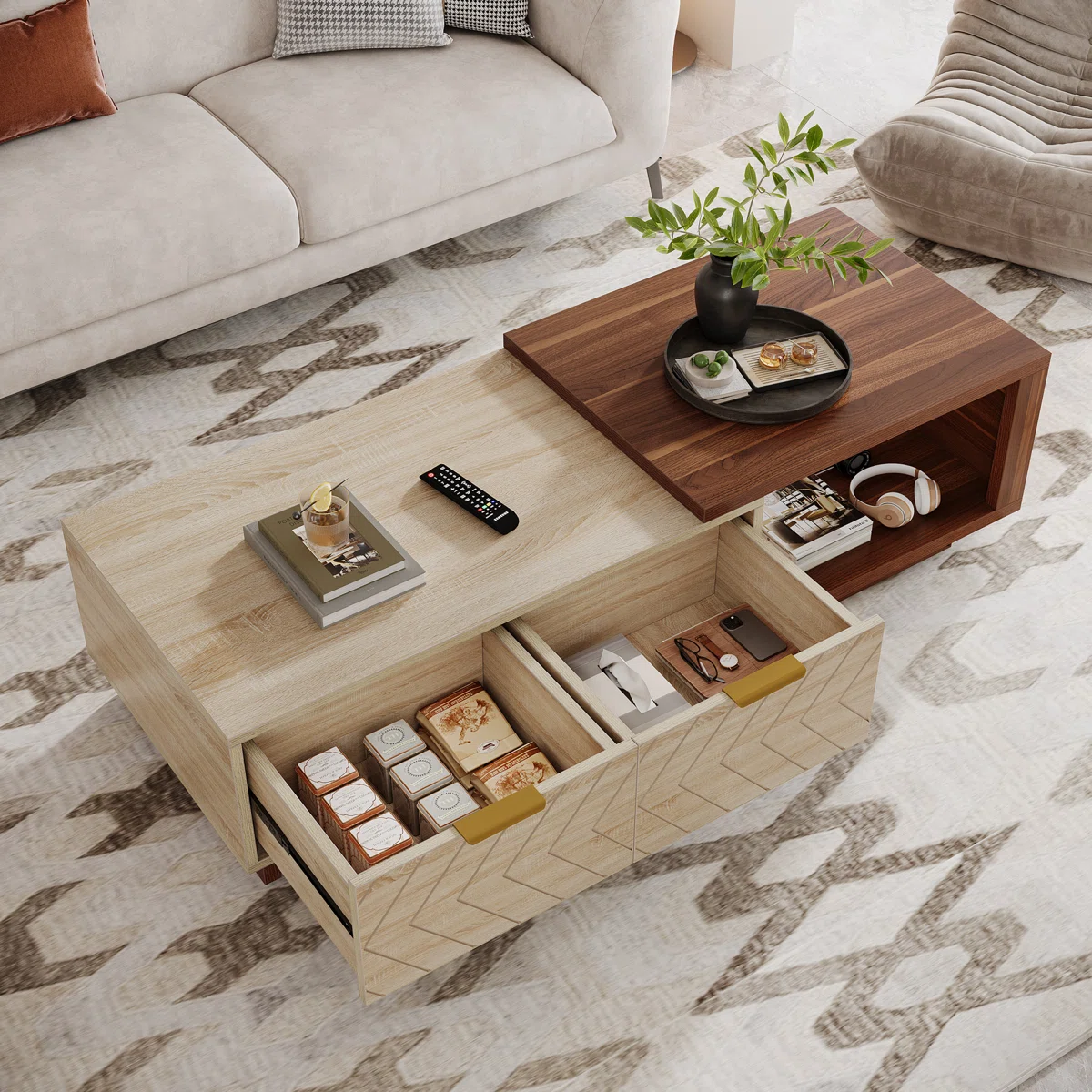 Valerio Dual-Tone Expandable Coffee Table with walnut and oak veneers, V-shaped drawer detailing, brass pulls, and hidden storage, 43 cm tall
