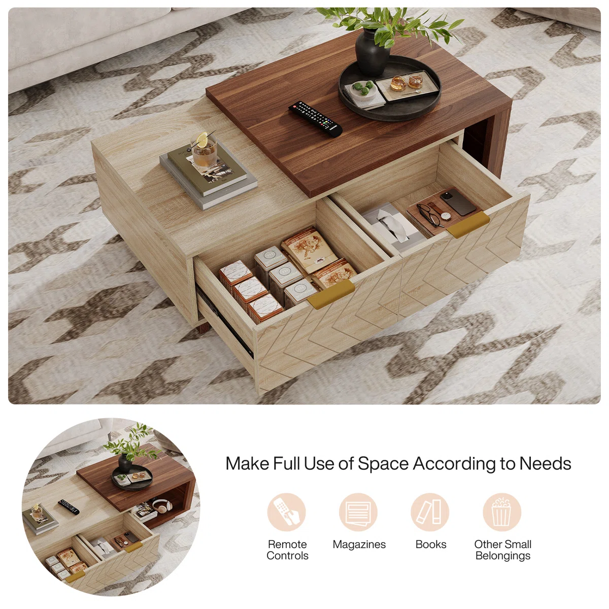 Valerio Dual-Tone Expandable Coffee Table with walnut and oak veneers, V-shaped drawer detailing, brass pulls, and hidden storage, 43 cm tall