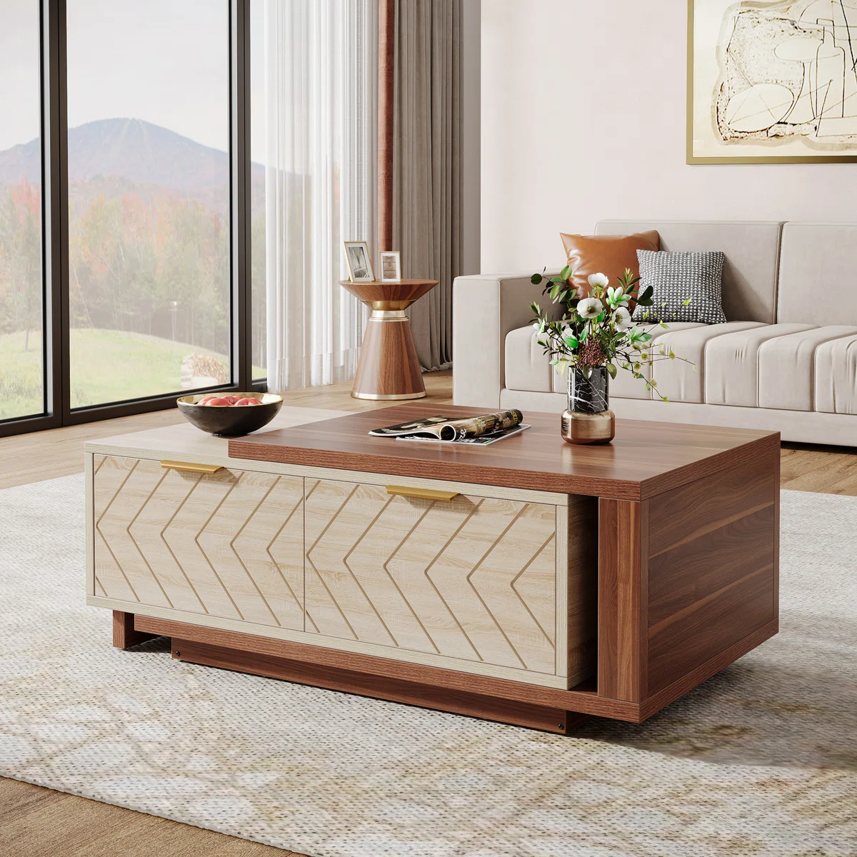 Valerio Dual-Tone Expandable Coffee Table with walnut and oak veneers, V-shaped drawer detailing, brass pulls, and hidden storage, 43 cm tall