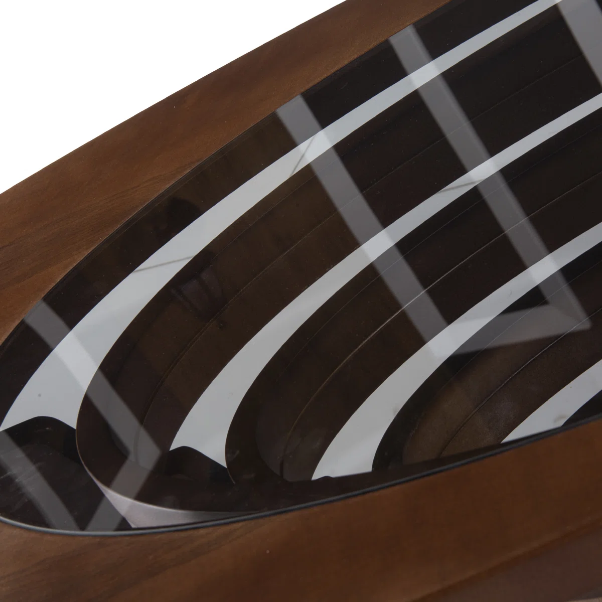 Valora Walnut Glass Coffee Table with tempered smoked glass top, walnut veneer base, eco-friendly reclaimed wood construction, and gloss finish