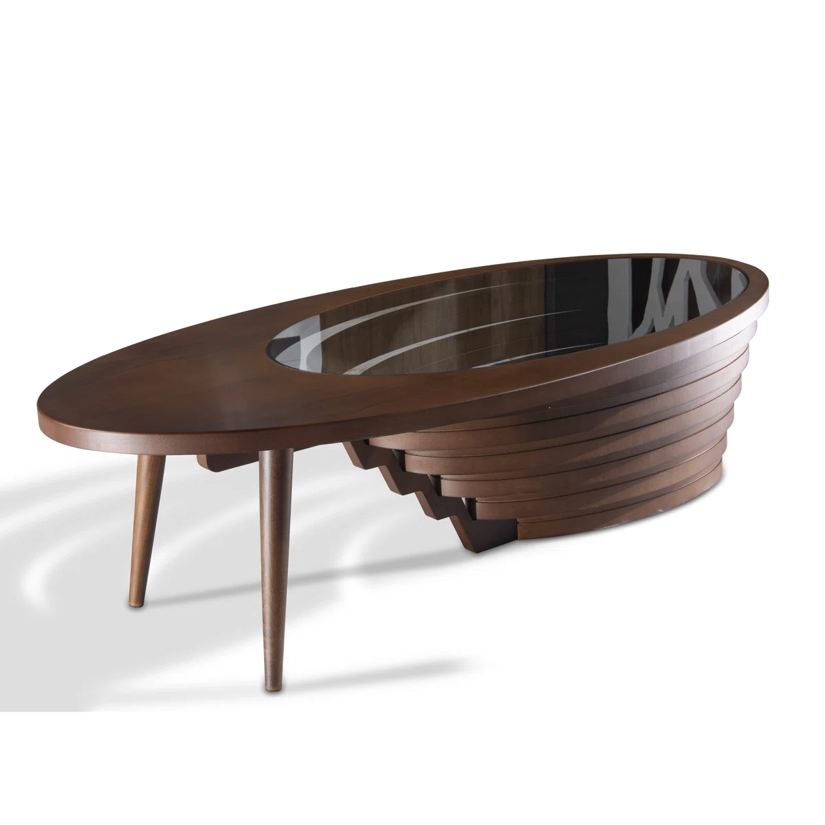 Valora Walnut Glass Coffee Table with tempered smoked glass top, walnut veneer base, eco-friendly reclaimed wood construction, and gloss finish