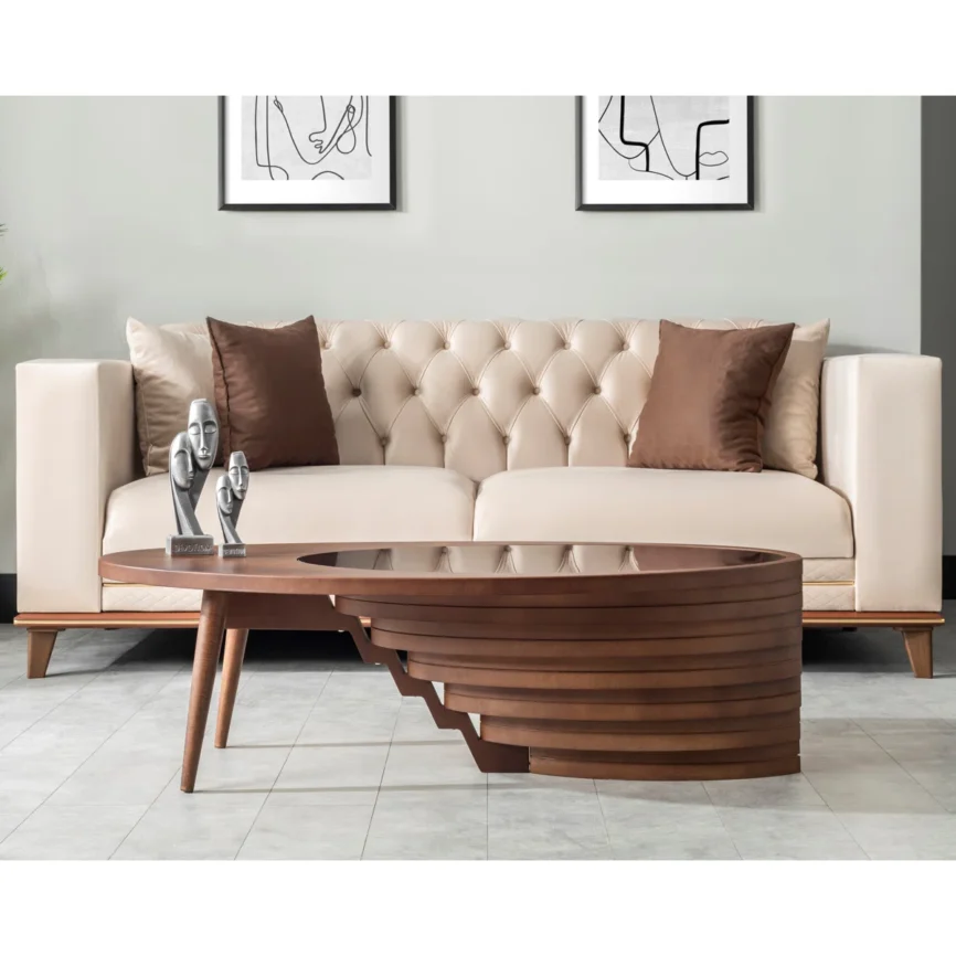 Valora Walnut Glass Coffee Table with tempered smoked glass top, walnut veneer base, eco-friendly reclaimed wood construction, and gloss finish