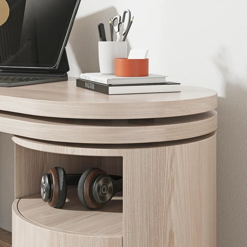 Modern L-shaped rotating executive office desk in washed white finish with 360° swivel design, two drawers, and open shelving, measuring 152 cm wide, 60 cm deep, and 75 cm high