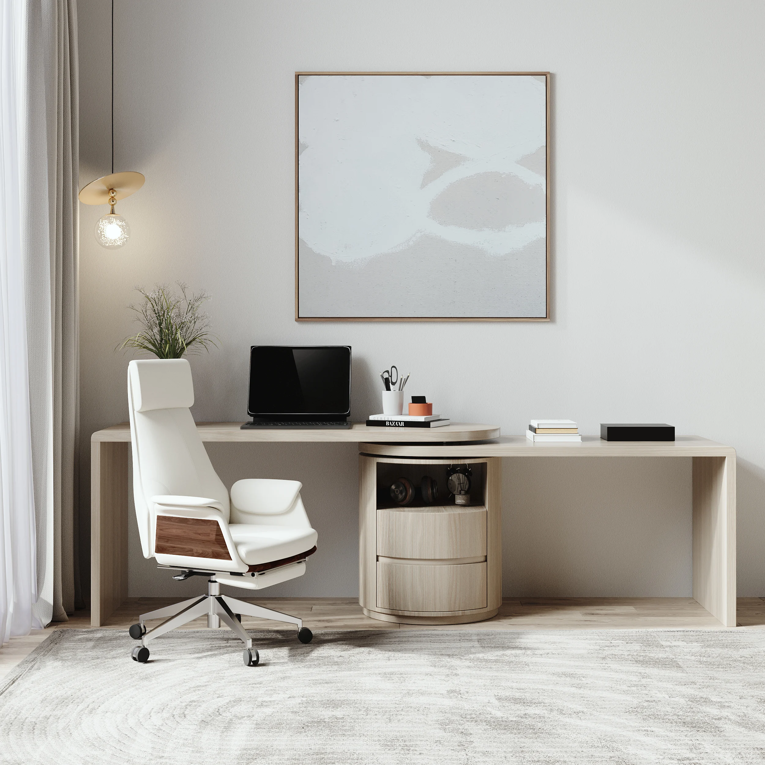 Modern L-shaped rotating executive office desk in washed white finish with 360° swivel design, two drawers, and open shelving, measuring 152 cm wide, 60 cm deep, and 75 cm high