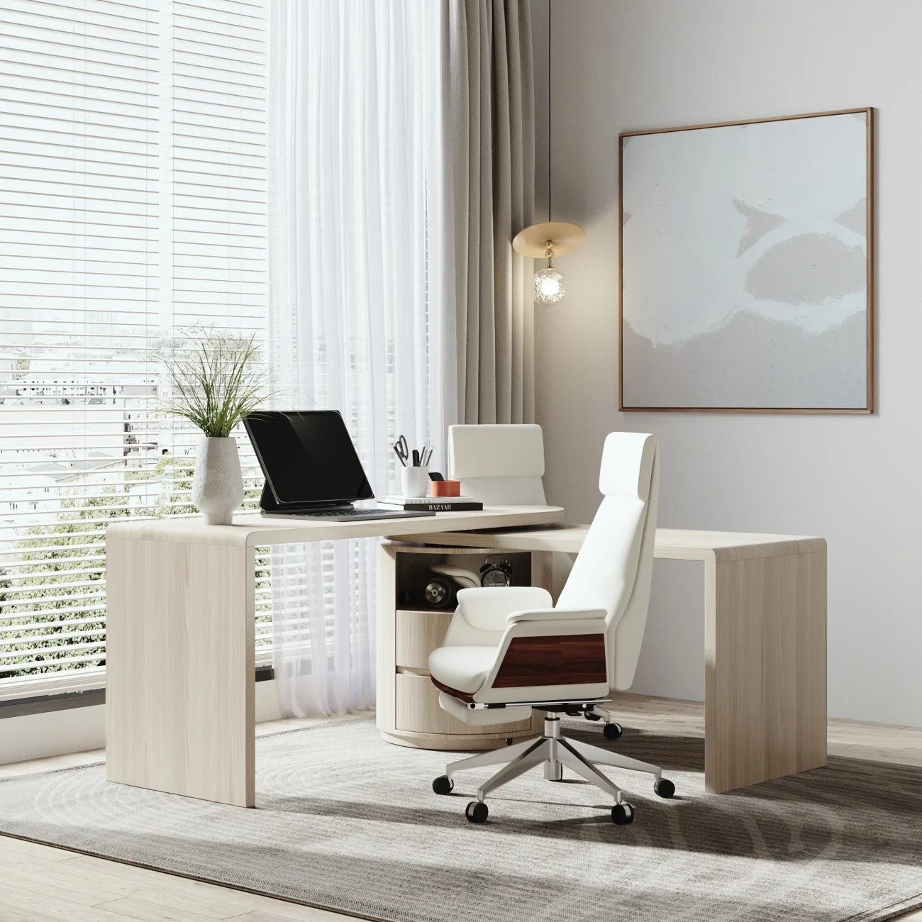 Modern L-shaped rotating executive office desk in washed white finish with 360° swivel design, two drawers, and open shelving, measuring 152 cm wide, 60 cm deep, and 75 cm high