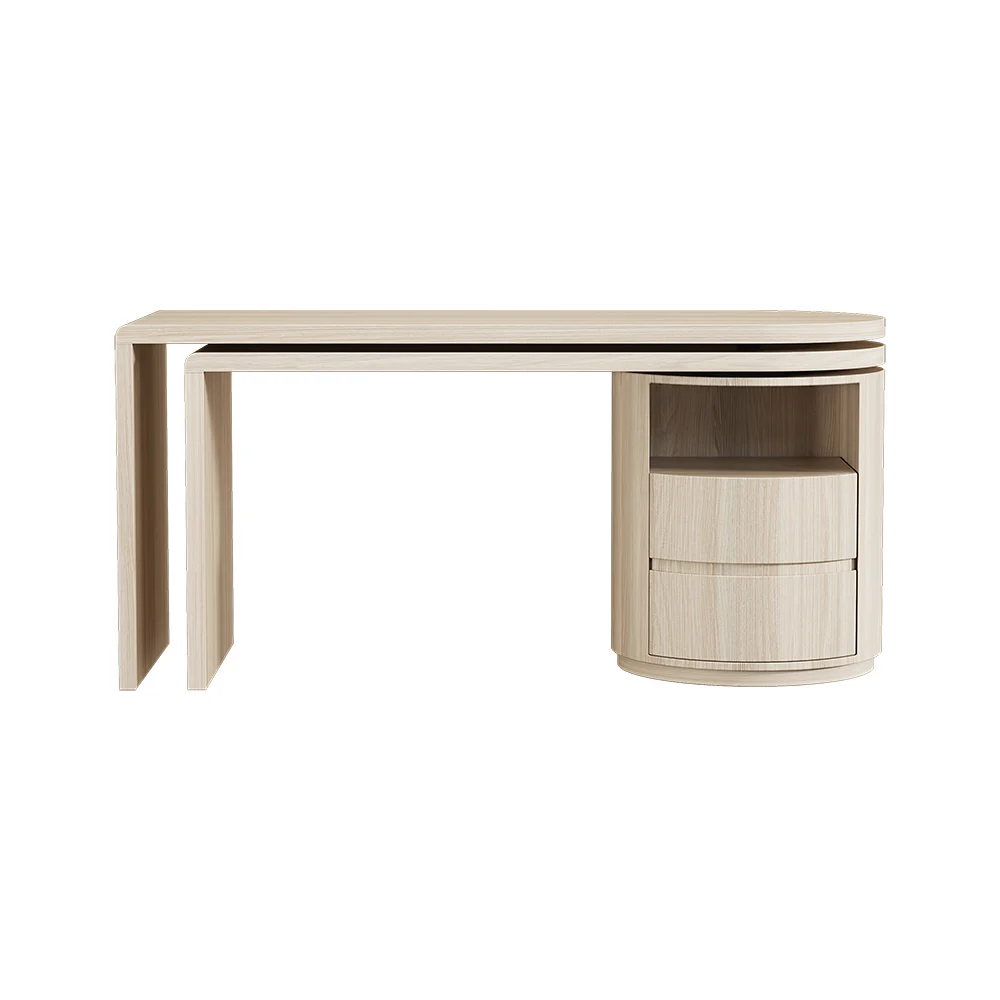 Modern L-shaped rotating executive office desk in washed white finish with 360° swivel design, two drawers, and open shelving, measuring 152 cm wide, 60 cm deep, and 75 cm high