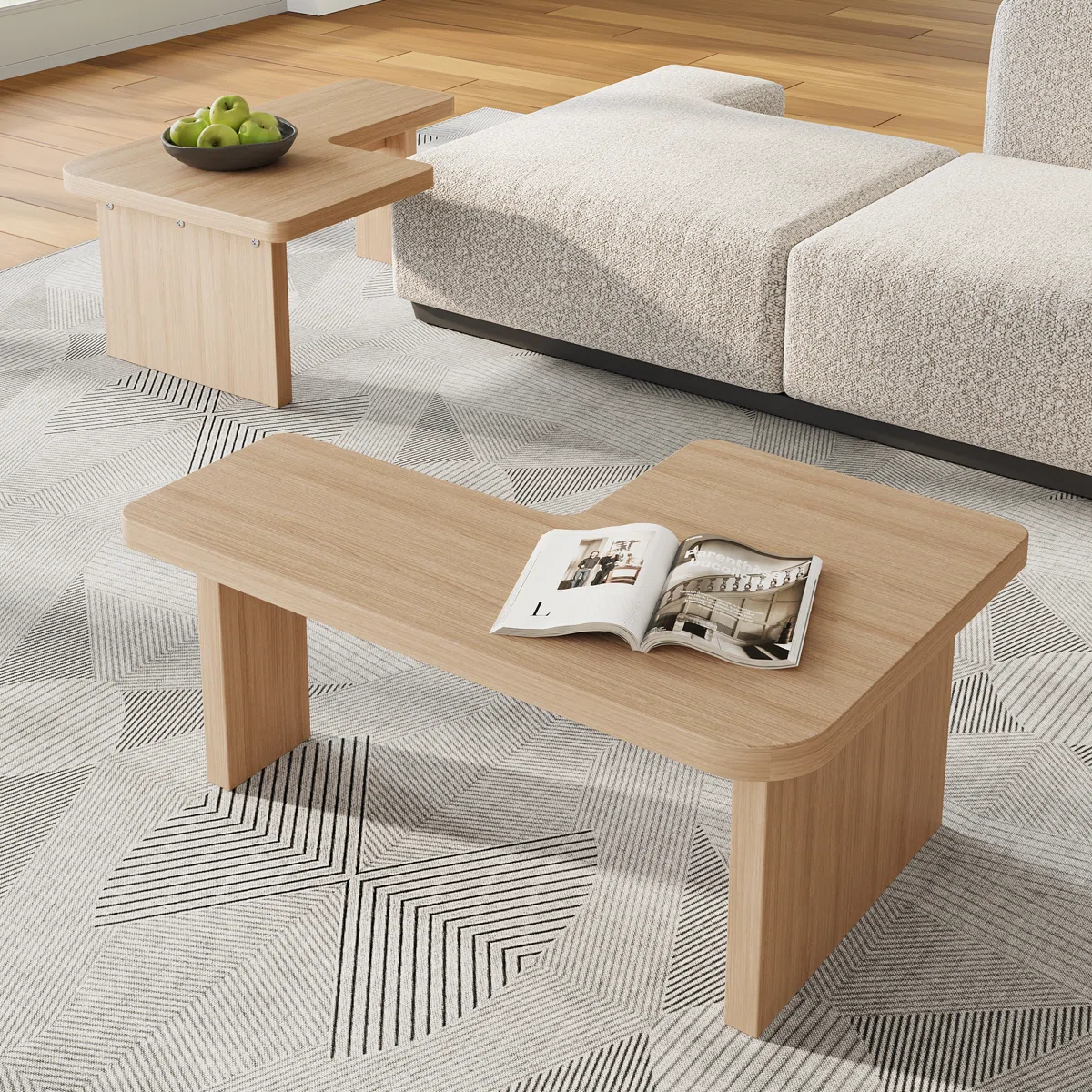 VersaForm modular coffee table set with 2-piece 7-shaped design, light brown wood grain finish, and versatile square or rectangular arrangement for modern living rooms.