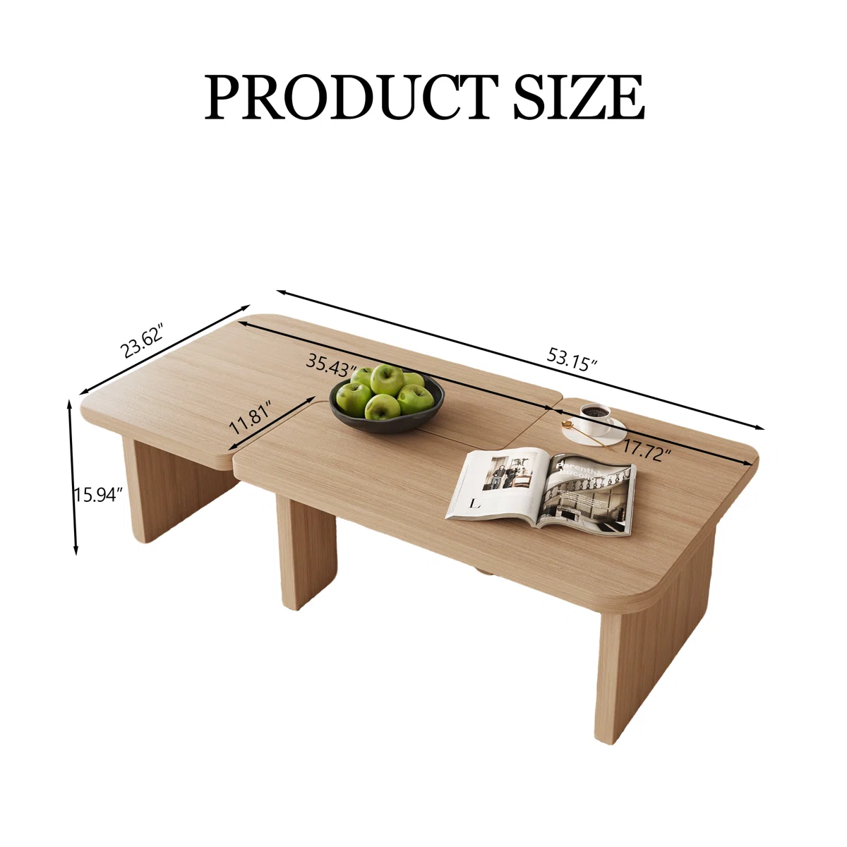 VersaForm modular coffee table set with 2-piece 7-shaped design, light brown wood grain finish, and versatile square or rectangular arrangement for modern living rooms.