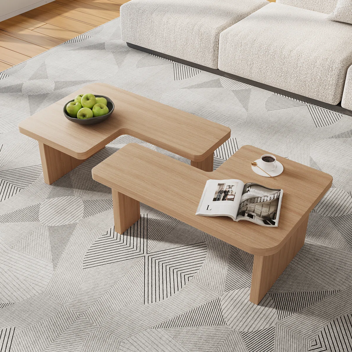 VersaForm modular coffee table set with 2-piece 7-shaped design, light brown wood grain finish, and versatile square or rectangular arrangement for modern living rooms.