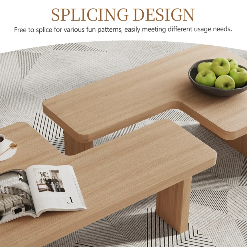 VersaForm modular coffee table set with 2-piece 7-shaped design, light brown wood grain finish, and versatile square or rectangular arrangement for modern living rooms.