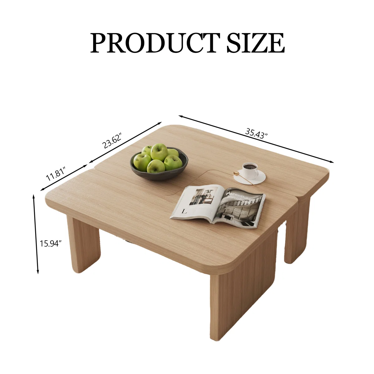 VersaForm modular coffee table set with 2-piece 7-shaped design, light brown wood grain finish, and versatile square or rectangular arrangement for modern living rooms.