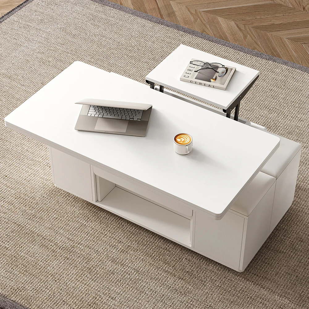 White rectangular lift-top foldable coffee table with hidden stools, storage drawer, and lockable universal wheels