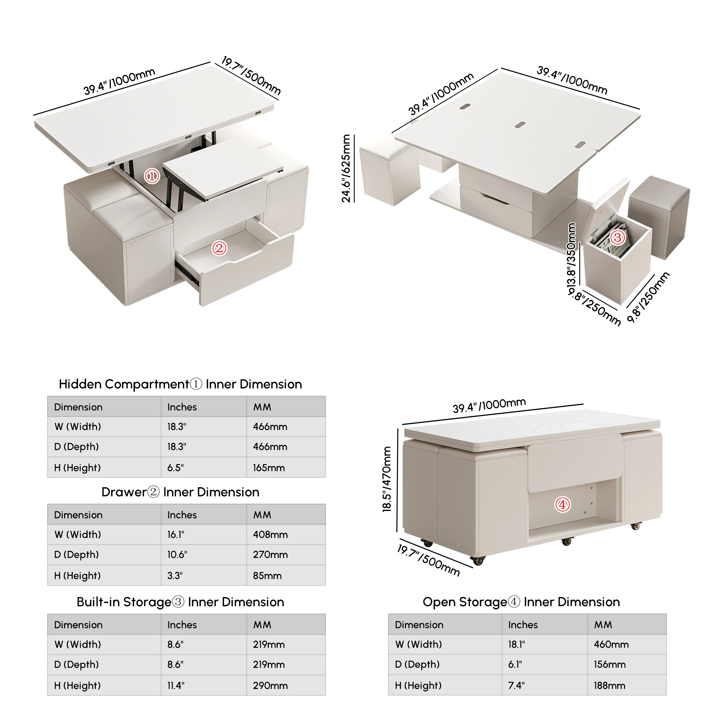 White rectangular lift-top foldable coffee table with hidden stools, storage drawer, and lockable universal wheels