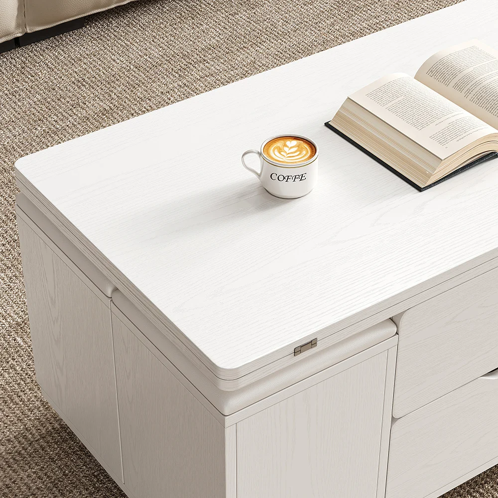White rectangular lift-top foldable coffee table with hidden stools, storage drawer, and lockable universal wheels