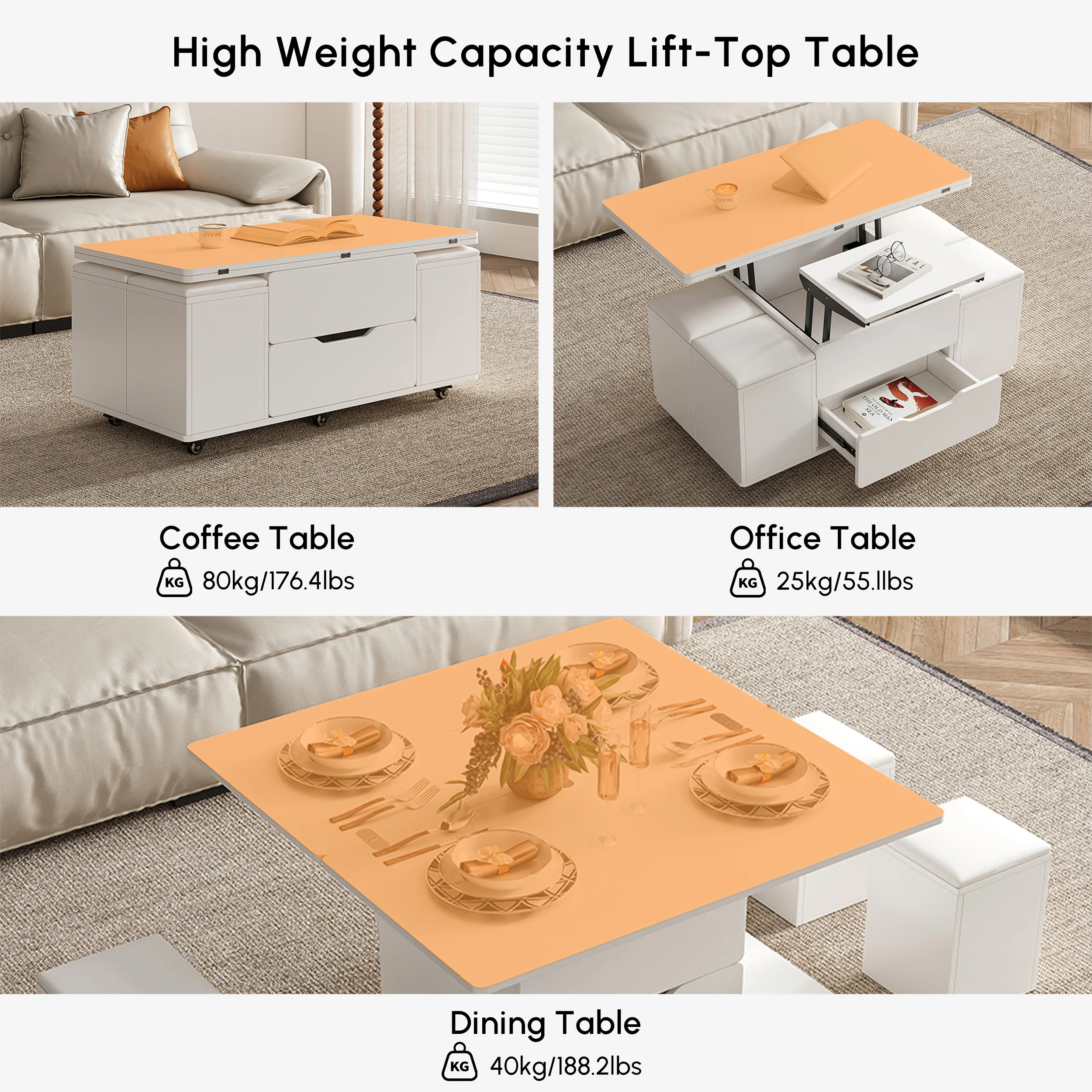 White rectangular lift-top foldable coffee table with hidden stools, storage drawer, and lockable universal wheels