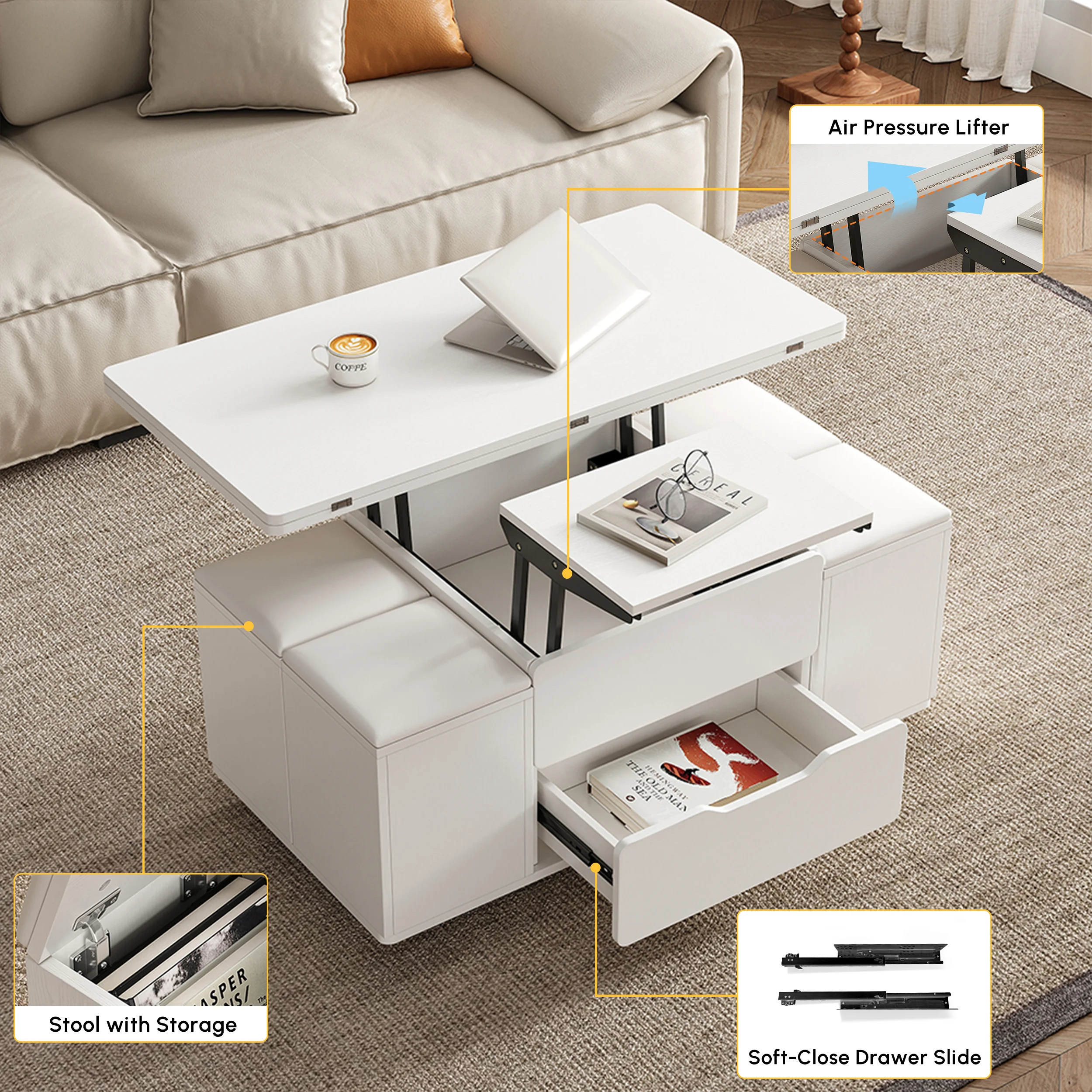 White rectangular lift-top foldable coffee table with hidden stools, storage drawer, and lockable universal wheels