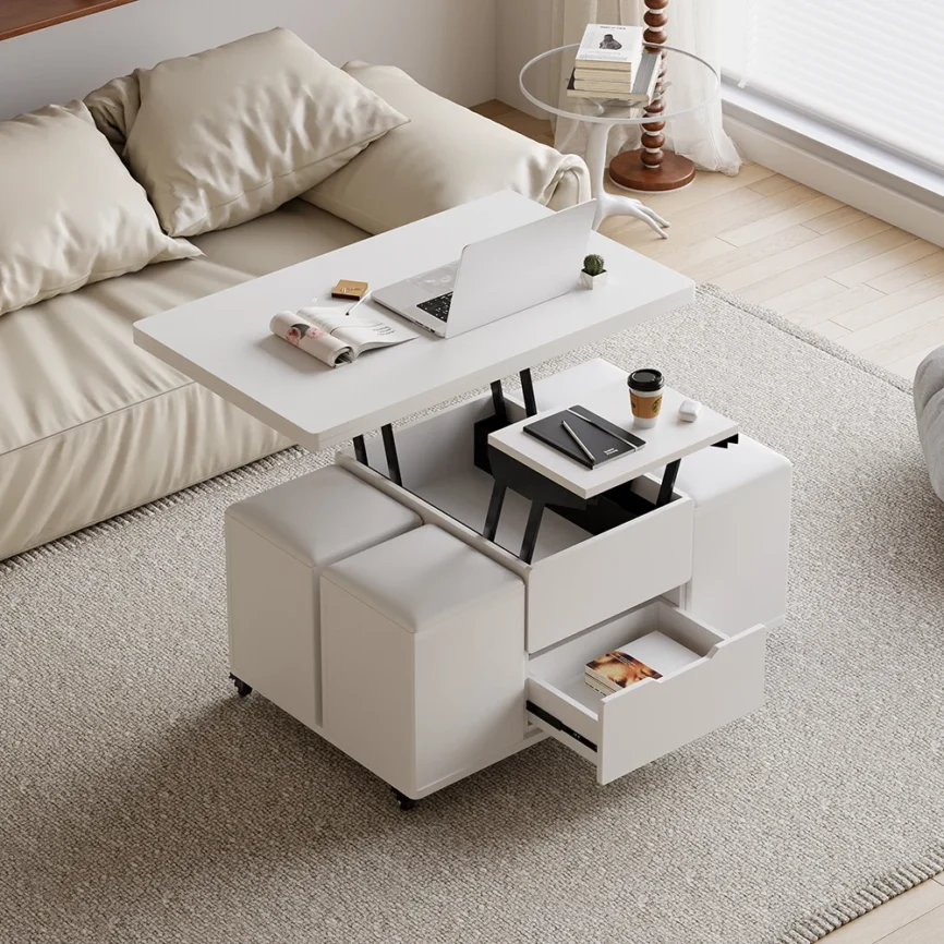 White rectangular lift-top foldable coffee table with hidden stools, storage drawer, and lockable universal wheels